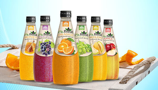 Mr. Basil seed drinks in assorted flavors including honey, black grape, orange, melon, and apple bottles on display.